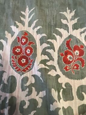 Green Dress with  Red and Cream Floral Print Fabric